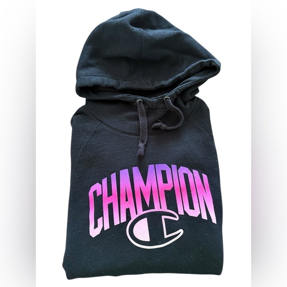 Champion Black Hoodie with Pink Logo